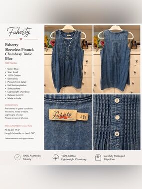Faherty Pintuck Chambray Sleeveless Tunic - Blue